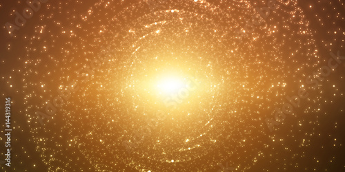 Vector infinite space background. Matrix of glowing stars with illusion of depth and perspective. Sparkling stars of nebula. Abstract futuristic hyperspace universe on dark gold background.