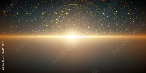 Vector infinite space background. Matrix of glowing stars with illusion of depth and perspective. Abstract cyber fiery sunrise over sea. Abstract futuristic universe on dark turquoise background.
