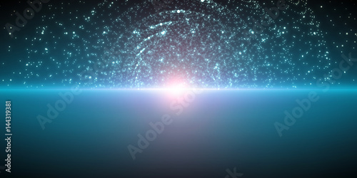 Vector infinite space background. Matrix of glowing stars with illusion of depth and perspective. Abstract cyber fiery sunrise over sea. Abstract futuristic universe on dark blue background.