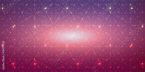 Vector infinite space background. Matrix of glowing stars with illusion of depth, perspective. Geometric backdrop with point array as lattice. Abstract futuristic universe on dark violet background.