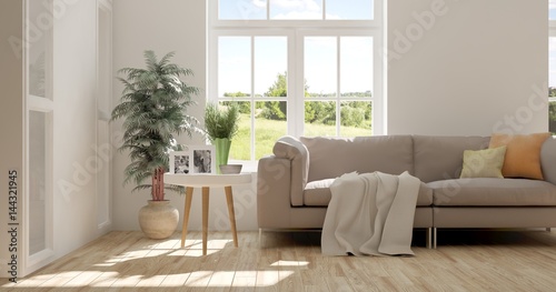 White room with sofa and green landscape in window. Scandinavian interior design. 3D illustration