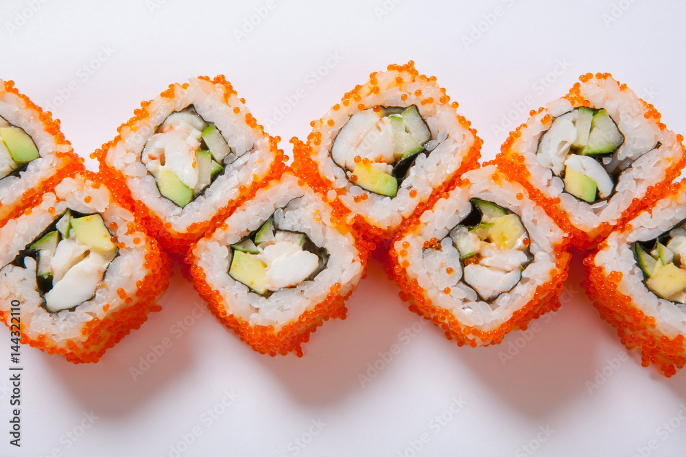 Japanese seafood sushi , roll a white background