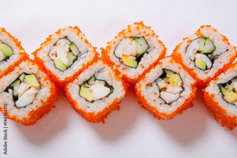 Japanese seafood sushi , roll a white background Japanese seafood sushi , roll a white background