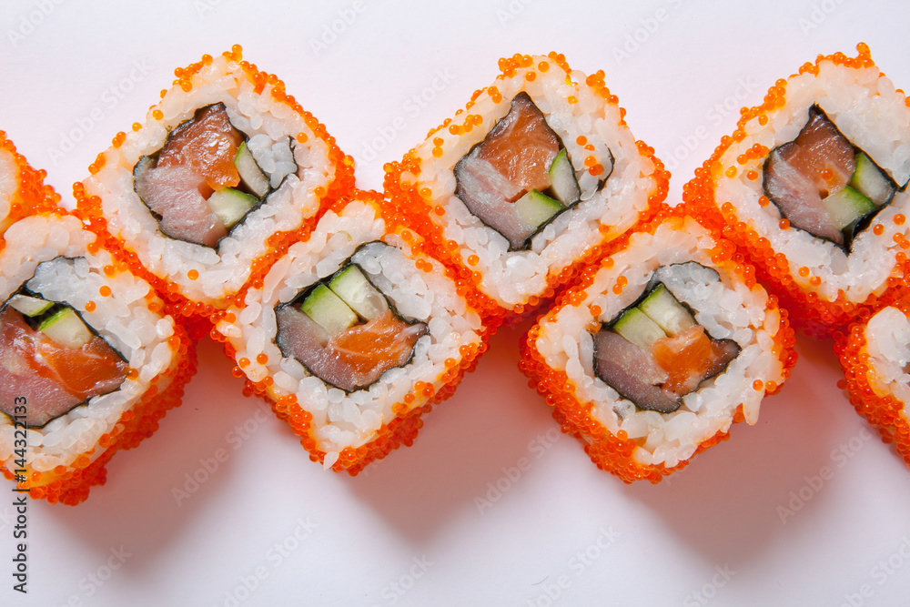 Japanese seafood sushi , roll a white background Japanese seafood sushi , roll a white background