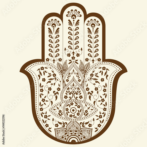 Fototapeta Naklejka Na Ścianę i Meble -  Vector illustration of Hamsa or hand of Fatima. Indian hand drawn hand with ethnic and floral ornaments. Mehndi style illustration of Hamsa.