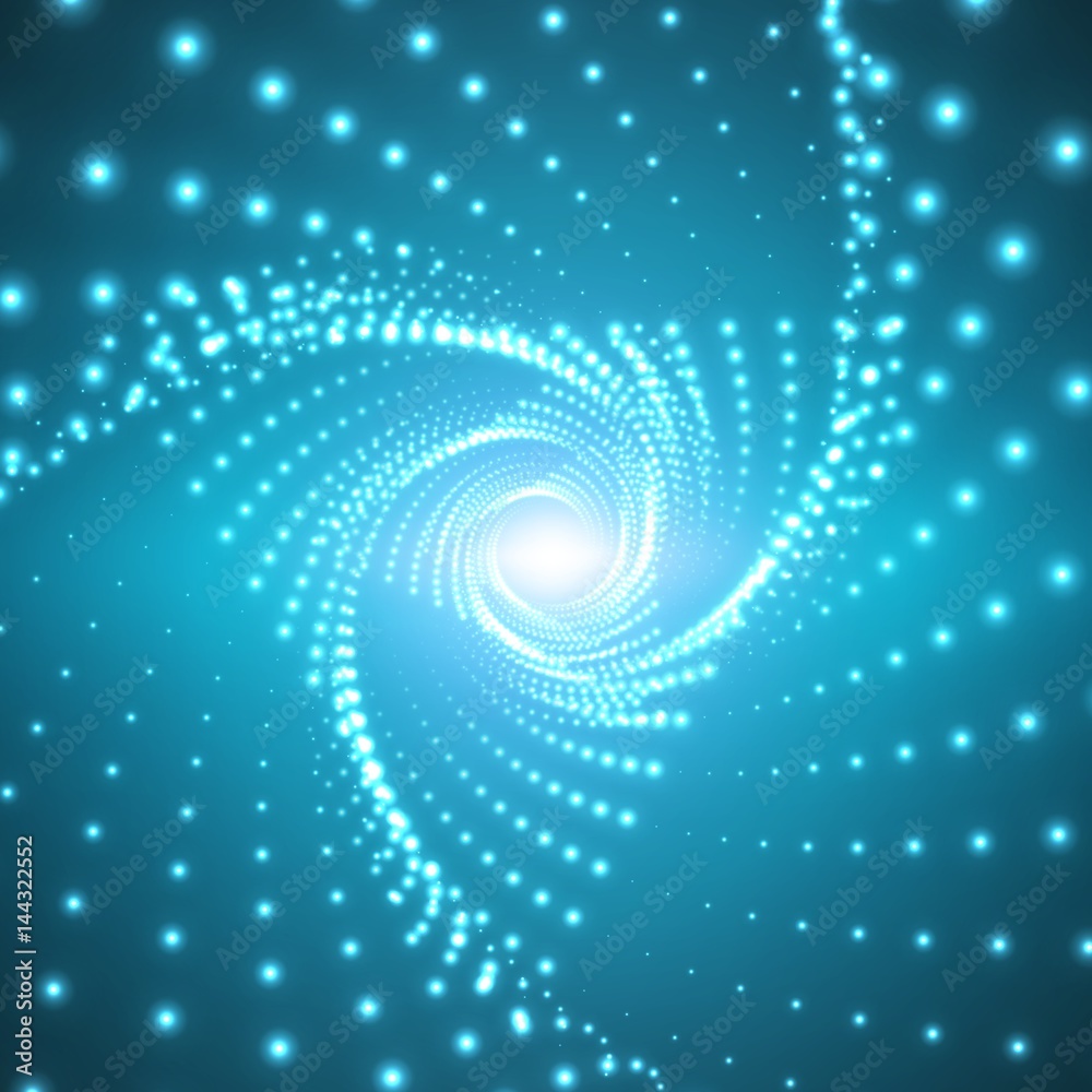 Vector infinite triangular twisted tunnel of shining flares on blue background. Glowing points form tunnel sectors. Abstract cyber colorful background. Elegant modern geometric wallpaper.