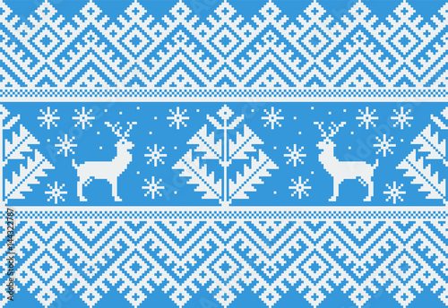 Vector illustration of folk seamless pattern ornament. Ethnic New Year blue ornament with pine trees and deers. Cool ethnic border element for your designs.