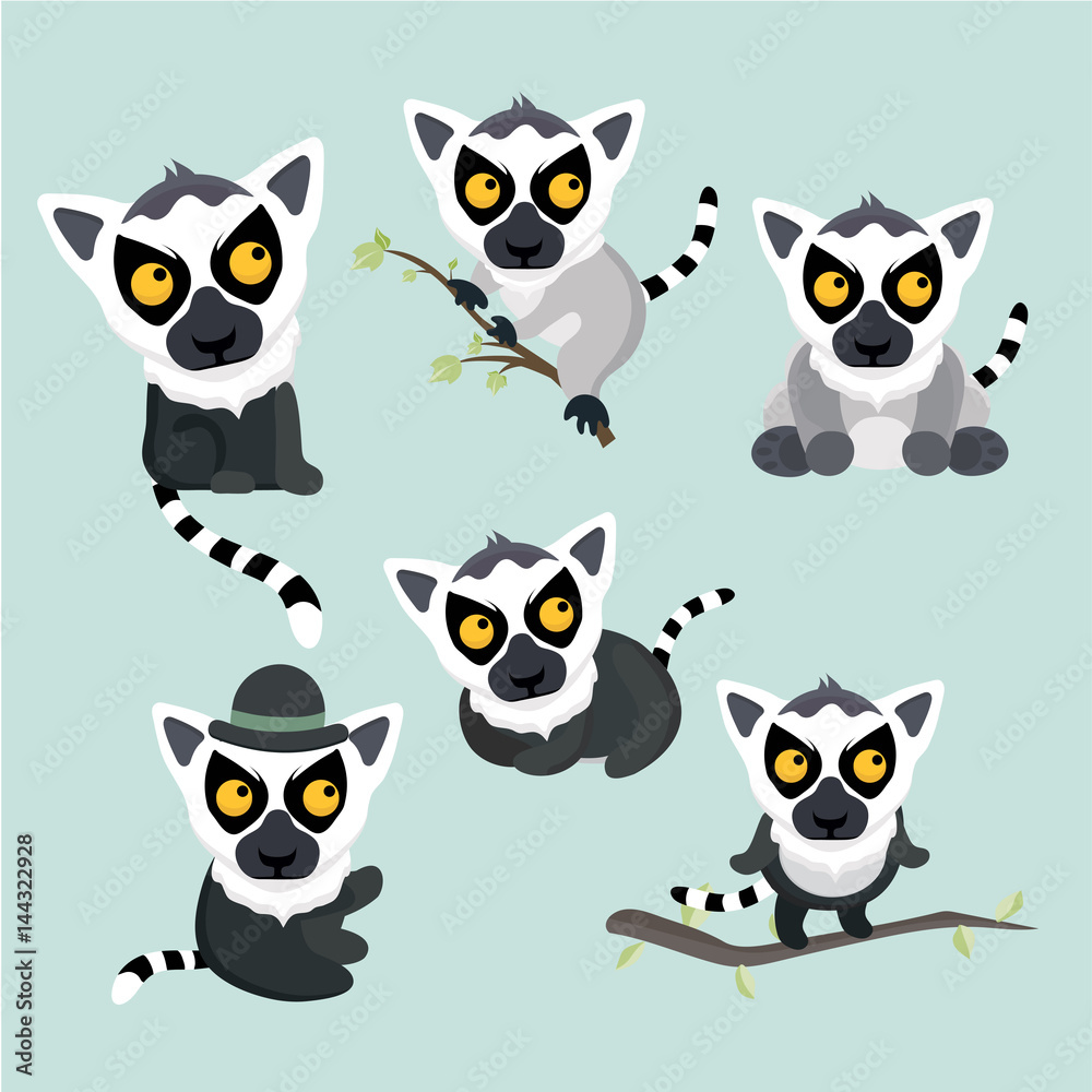 Cute cartoon ring tailed lemurs set.
Cute cartoon ring tailed lemurs set.