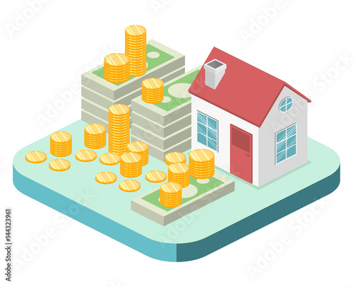 Isometric flat 3D vector House and real estate money investment.