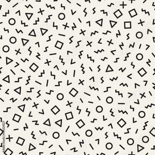 Scattered Geometric Shapes. Inspired by Memphis Style. Abstract Background Design. Vector Seamless Black and White Irregular Pattern.