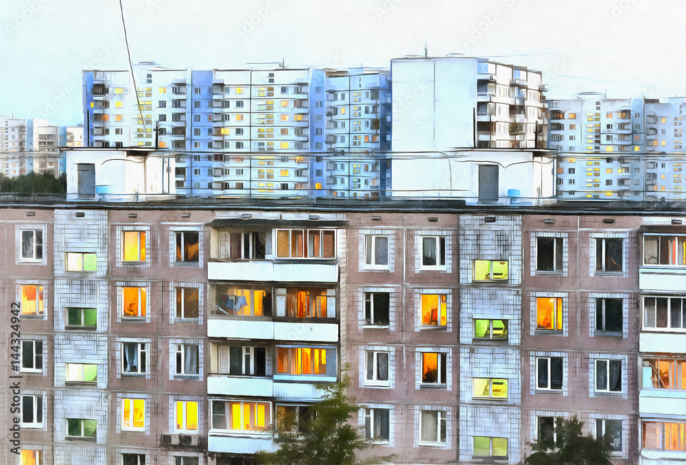 Urban landscape with typical condominium colorful painting