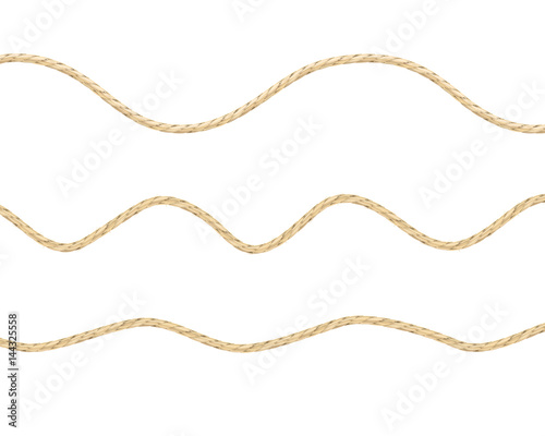 Vector illustration of three types of loose linen string. Illustration of lightly curved linen material texture ropes.