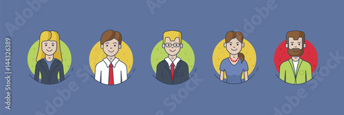 Five avatars of business people. Male and female faces avatars. flat style vector icons set