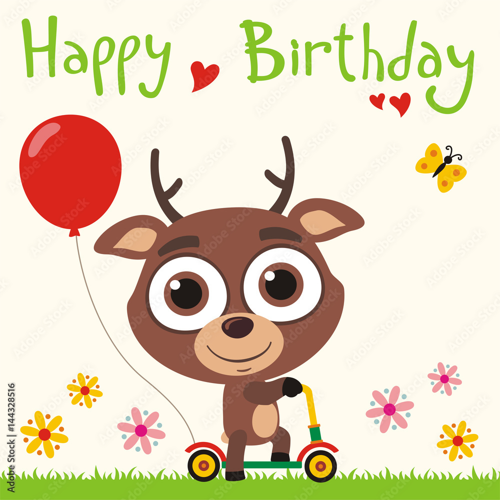 Happy birthday! Funny deer going on scooter with red balloon. Birthday card  with little deer in cartoon style for child birthday. Stock Vector | Adobe  Stock