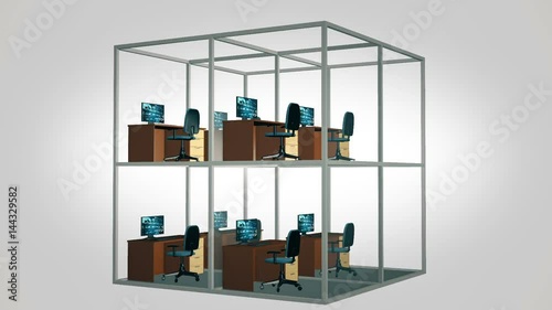 Cubicles With Chairs And Computers In Office. Loop animation.