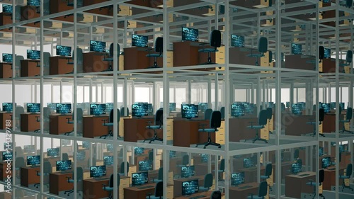 Cubicles With Chairs And Computers In Office. Loop animation.