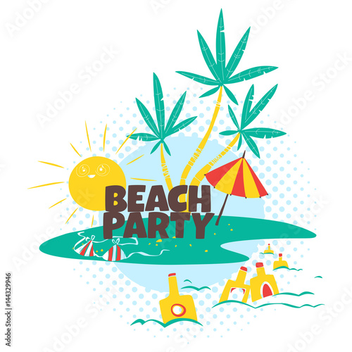 Beach party in comic humor flat style