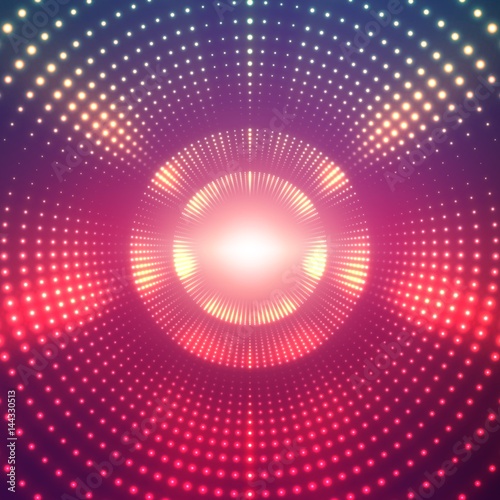 Fototapeta Naklejka Na Ścianę i Meble -  Vector infinite round tunnel of shining flares on violet background. Glowing points form tunnel sectors. Abstract cyber colorful background for your designs. Elegant modern geometric wallpaper.