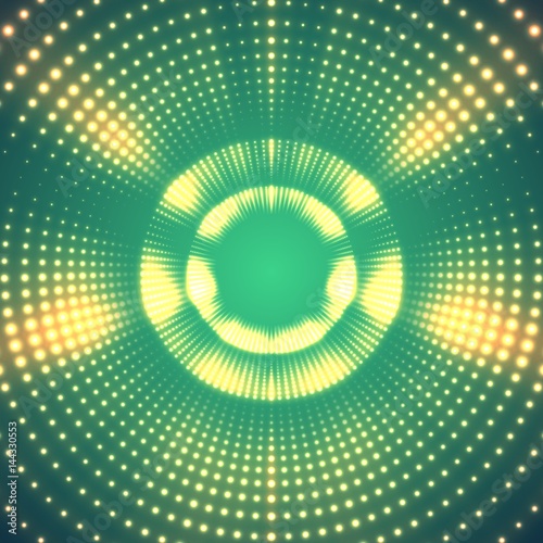 Vector infinite round tunnel of shining flares on green background. Glowing points form tunnel sectors. Abstract cyber colorful background for your designs. Elegant modern geometric wallpaper.