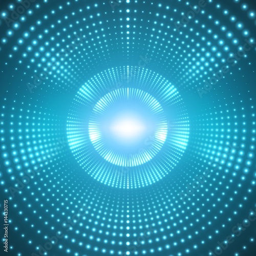 Vector infinite round tunnel of shining flares on blue background. Glowing points form tunnel sectors. Abstract cyber colorful background for your designs. Elegant modern geometric wallpaper.