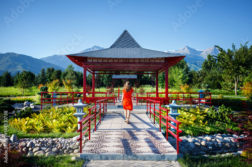 Tourist in Japanese pagoda