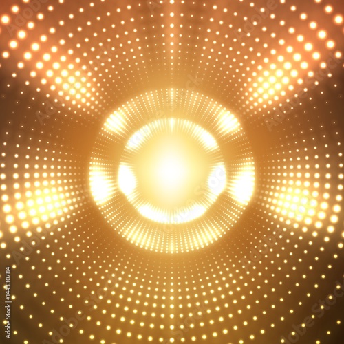 Vector infinite round tunnel of shining flares on orange background. Glowing points form tunnel sectors. Abstract cyber colorful background for your designs. Elegant modern geometric wallpaper.