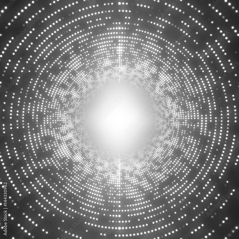 Vector infinite round tunnel of shining flares on black background. Glowing points form tunnel sectors. Abstract cyber monochrome noise background for your designs. Elegant modern geometric wallpaper.