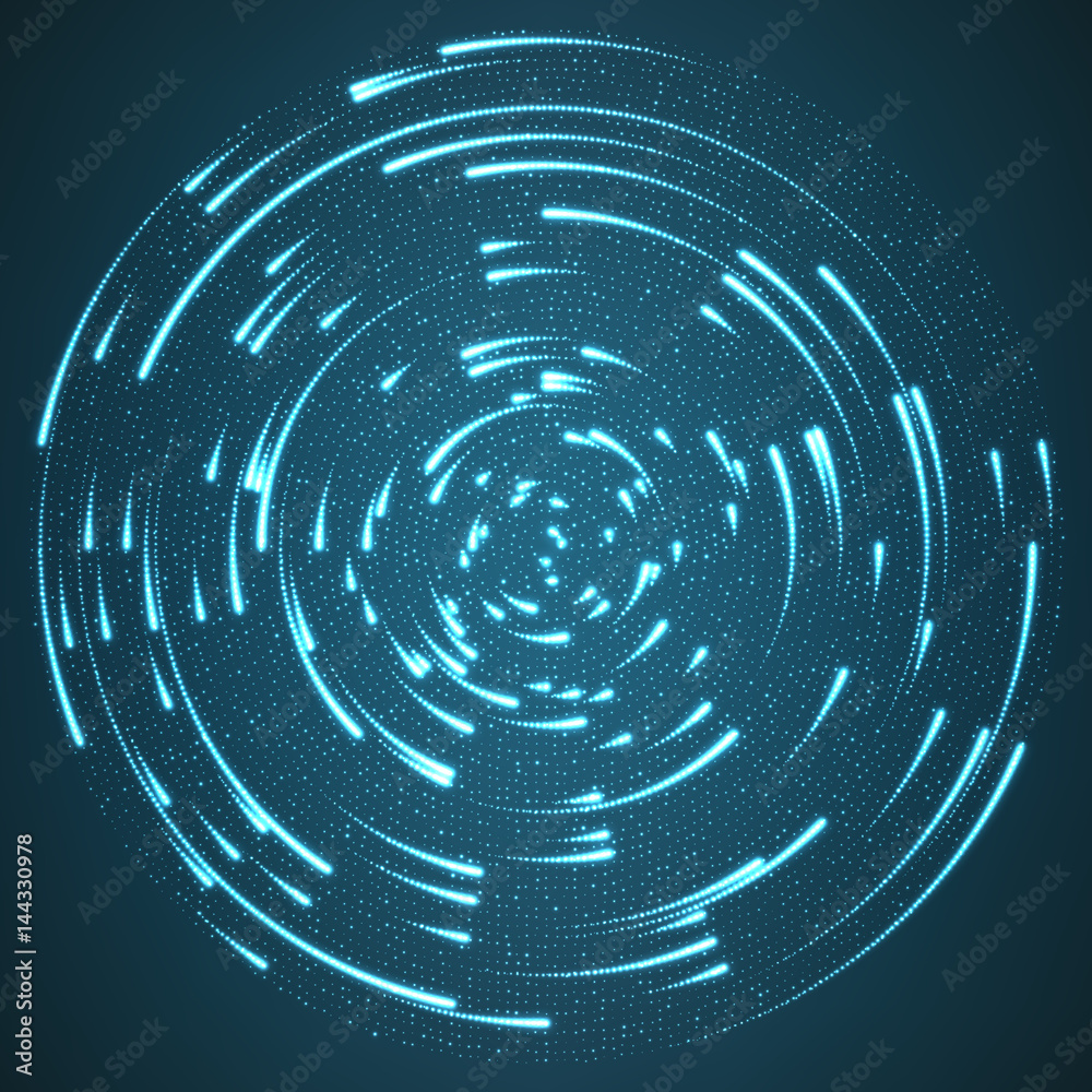 Vector glowing particles flying around the center leaving trails. Radar like blue background. Spinnig shining comets. Elegant modern geometric wallpaper. Vector glowing particles flying around the center leaving trails. Radar like blue background. Spinnig shining comets. Elegant modern geometric wallpaper.