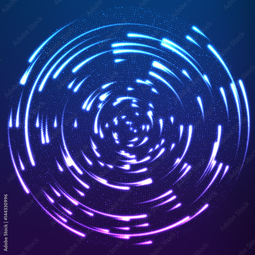 Vector glowing particles flying around the center leaving trails. Radar like violet background. Spinnig shining comets. Elegant modern geometric wallpaper.