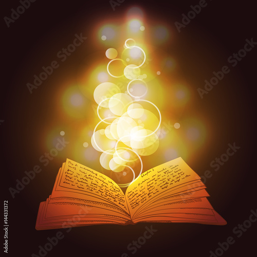 VECTOR illustration of opened book with magic yellow light.
