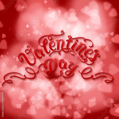 Valentine's Day vector card. Elegant white heart-shaped bokeh background with text. Diffused or soft focused randomly distributed hearts Tender design for you gift or invitation card.