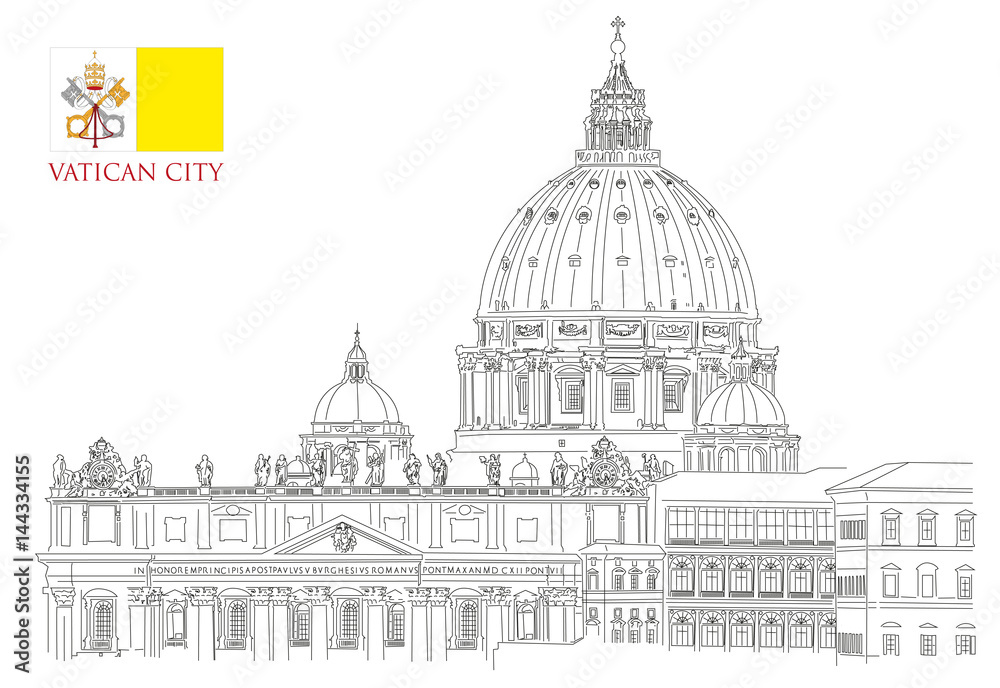 Vatican minimal vector illustration on white background, view of Saint Peters basilica and Vatican flag