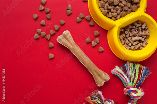 Pet accessories on red background. Top view