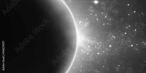 Abstract vector monochrome background with planet and eclipse of its star. Bright star light shine from the edge of a planet with a protuberance. Sparkles of stars on the background.