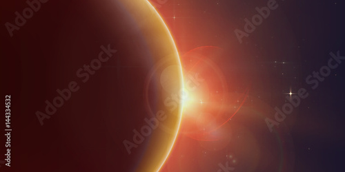 Abstract vector orange background with planet and eclipse of its star. Bright star light shine from the edge of a planet with a protuberance. Sparkles of stars on the background.