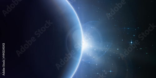 Abstract vector blue background with planet and eclipse of its star. Bright star light shine from the edge of a planet with a protuberance. Sparkles of stars on the background.