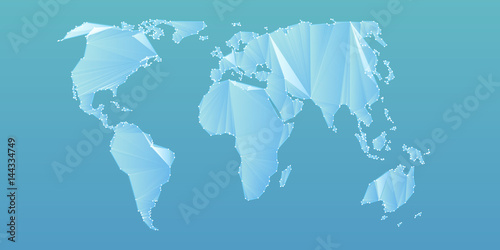 Abstract vector polygonal mesh world map. Triangulated continents. Digital map abstraction in light blue colors. Simplified continents.