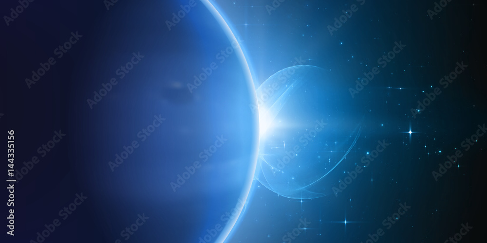 Abstract vector blue background with plant and eclipse of its star. Bright star light shine from the edge of a planet with a protuberance. Sparkles of stars on the background.