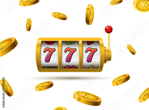 Slot machine lucky sevens jackpot concept 777. Vector casino game. Slot machine with money coins. Fortune chance jackpot photo