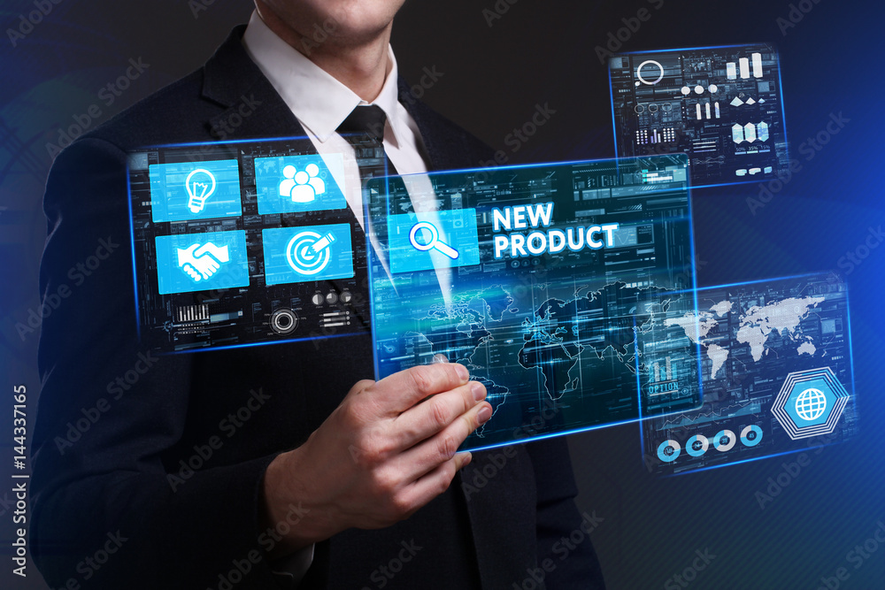 Fototapeta premium Business, Technology, Internet and network concept. Young businessman working on a virtual screen of the future and sees the inscription: New product