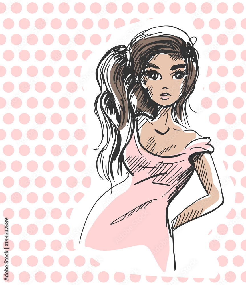 Grafische schets ingekleurde vrouw met roze jurk Grafische schets ingekleurde vrouw met roze jurk