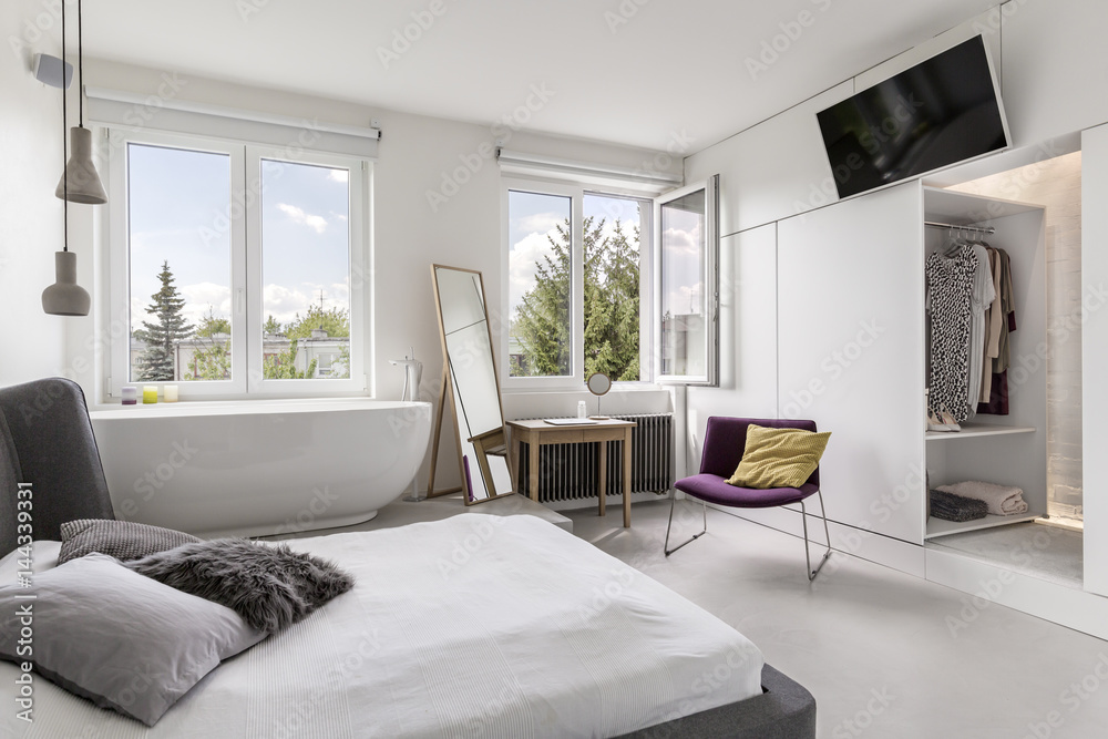 Fototapeta premium Multifunctional modern bedroom with bathroom