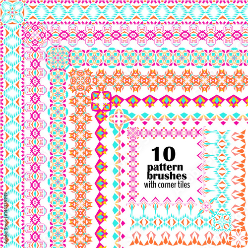 Vector set of geometric borders in ethnic boho style. Collection of pattern brushes with corner tiles inside