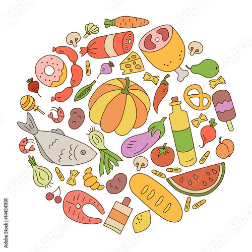 Food. Set of elements in doodle and cartoon style. Circle