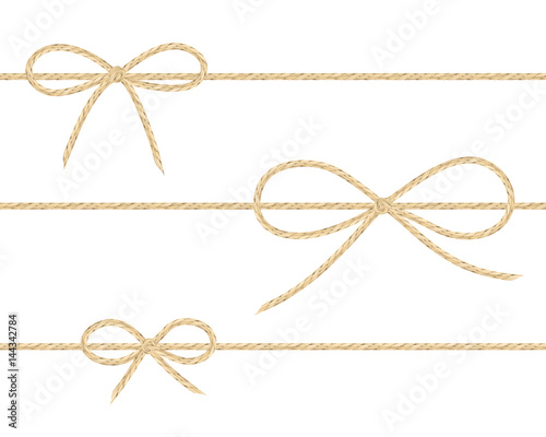 A set of realistic linen string bows. Vector illustration of different types of ribbons and linen string patterns.