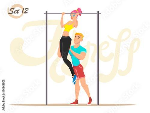 Fitness girl with trainer. Healthy lifestyle. Workout set