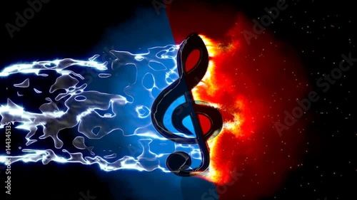 Flux d'eau sur la cléf de Sol qui se transforme en feu. Abstrait. Rendu 3D

