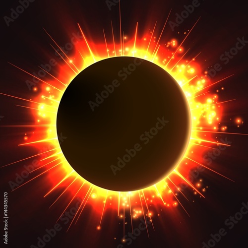 Abstract vector dark background with planet and eclipse of its star. Bright star red light shine from the edges of a planet. Sparkles of stars on the background.