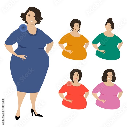 Different looks of plump women, isolated on a white background. Five hair styles. Vector illustration.