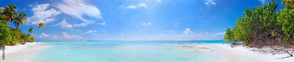 Panorama of Beach at Maldives island Fulhadhoo with white sandy idyllic perfect beach and sea and curve palm - obrazy, fototapety, plakaty 
